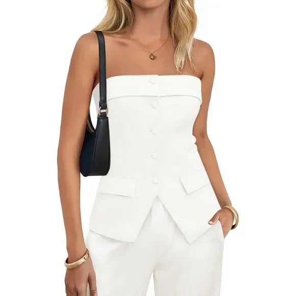 Women's White Summer Going Out Sleeveless Button Down Dressy Tube Vest Tops - Picture 1 of 6